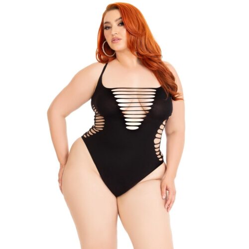 Leg Avenue Shredded Thong Bodysuit Black Plus Size